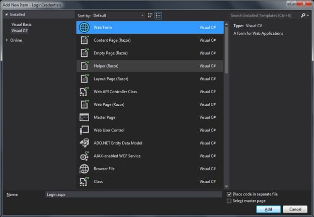 add web form in empty asp.net website